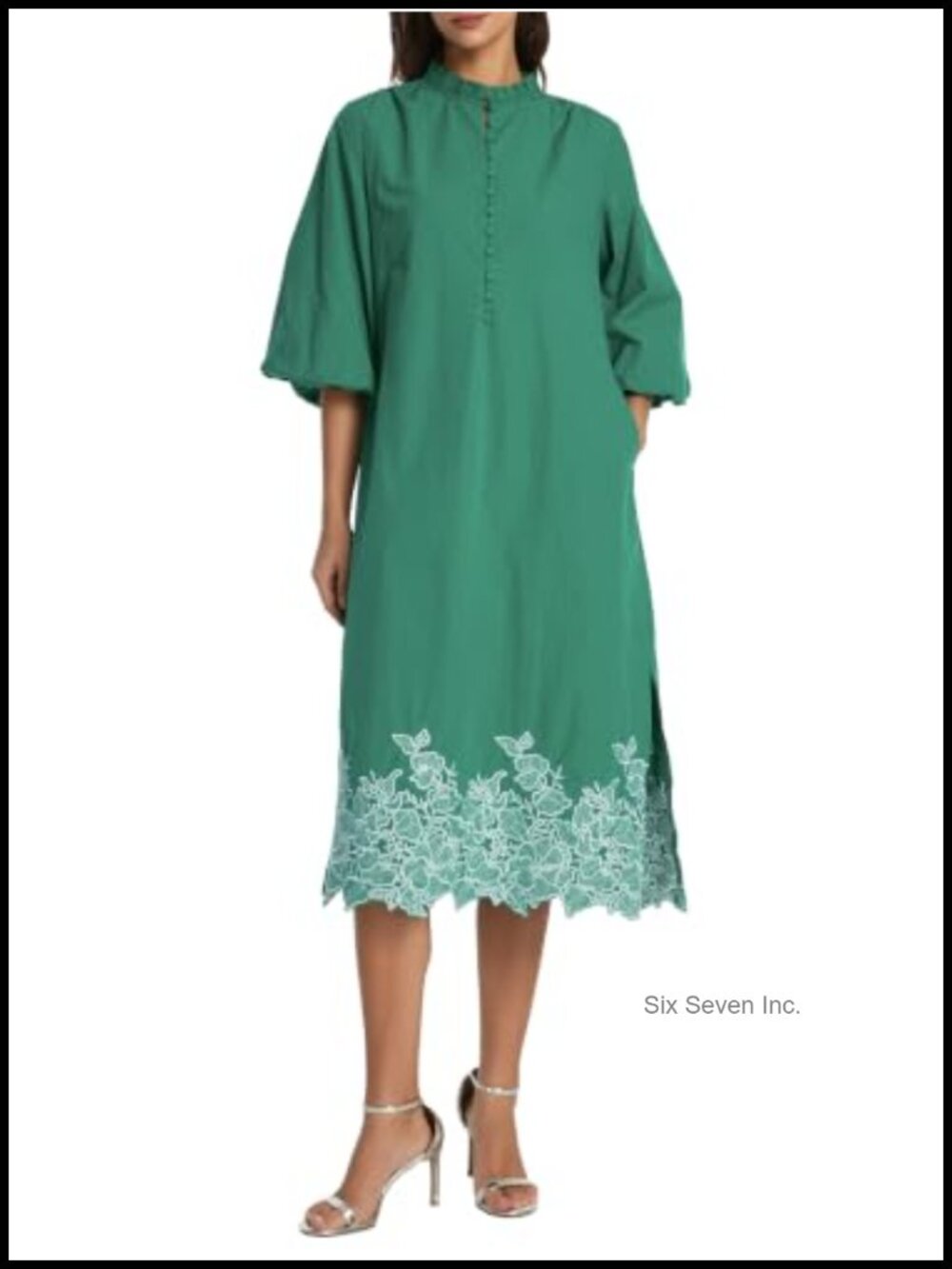 Womens Midi Summer Dress 3/4 Sleeve V Neck Button Up Embroidered Cotton Flowy